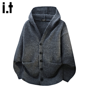 it :5cm/FIVECM灰色单排扣连帽开衫毛衣男款秋冬宽松休闲针织外套