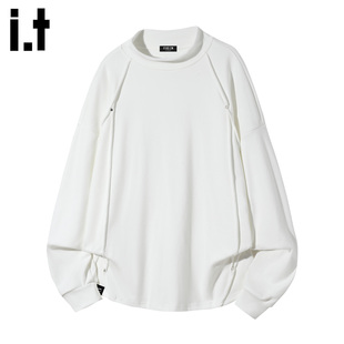 t恤男士 FIVECM白色解构圆领打底衫 2025秋冬内搭宽松卫衣 5cm