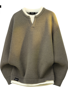 it :5cm/FIVECM痞帅拼接撞色假两件针织毛衣男士2025秋冬宽松上衣
