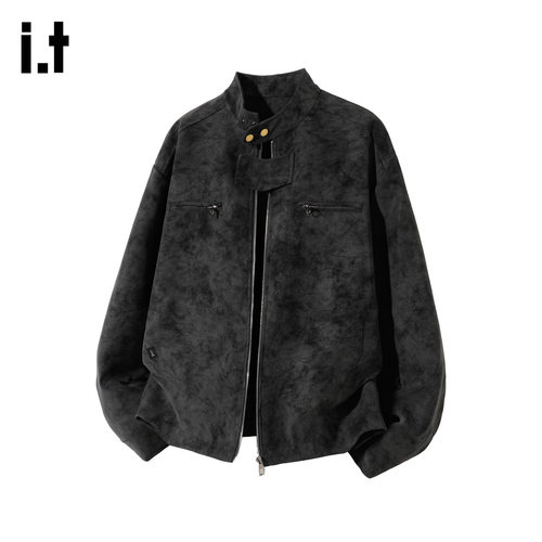 春秋新款美式黑色麂皮夹克外套