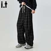 潮流宽松直筒长裤 男士 2025秋冬美式 5cm FIVECM灰色格子休闲裤
