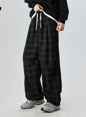 it :5cm/FIVECM灰色格子休闲裤男士2025秋冬美式潮流宽松直筒长裤