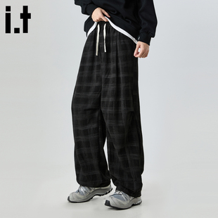 it :5cm/FIVECM灰色格子休闲裤男士2025秋冬美式潮流宽松直筒长裤