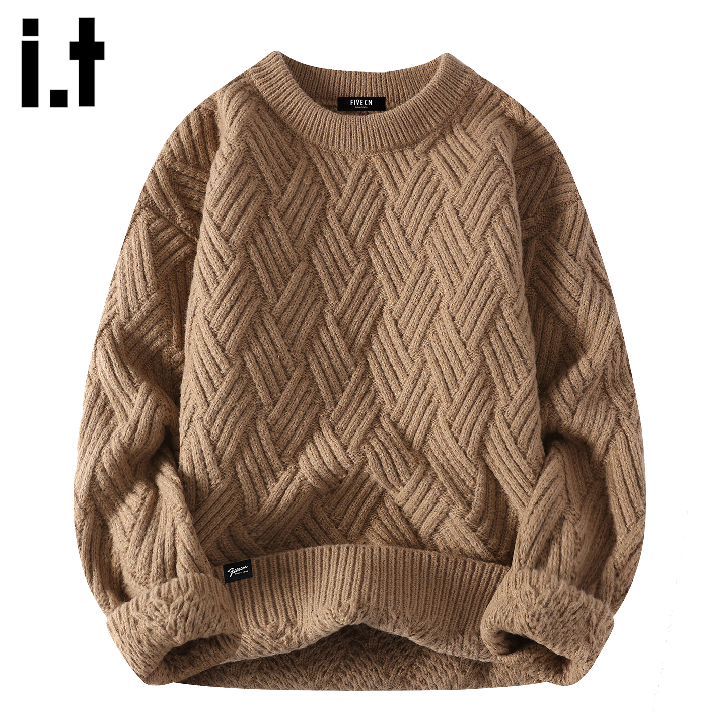 it :5cm/FIVECM复古宽松针织外套男士秋冬潮流粗麻花圆领套头毛衣
