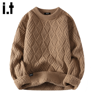 it :5cm/FIVECM复古宽松针织外套男士春季潮流粗麻花圆领套头毛衣