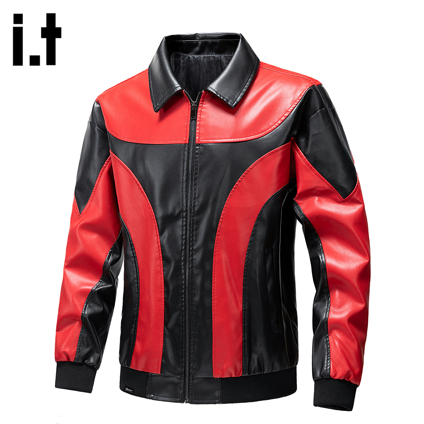 it :5cm/FIVECM美式pu皮衣外套男撞色拼接赛车服工装机车风皮夹克