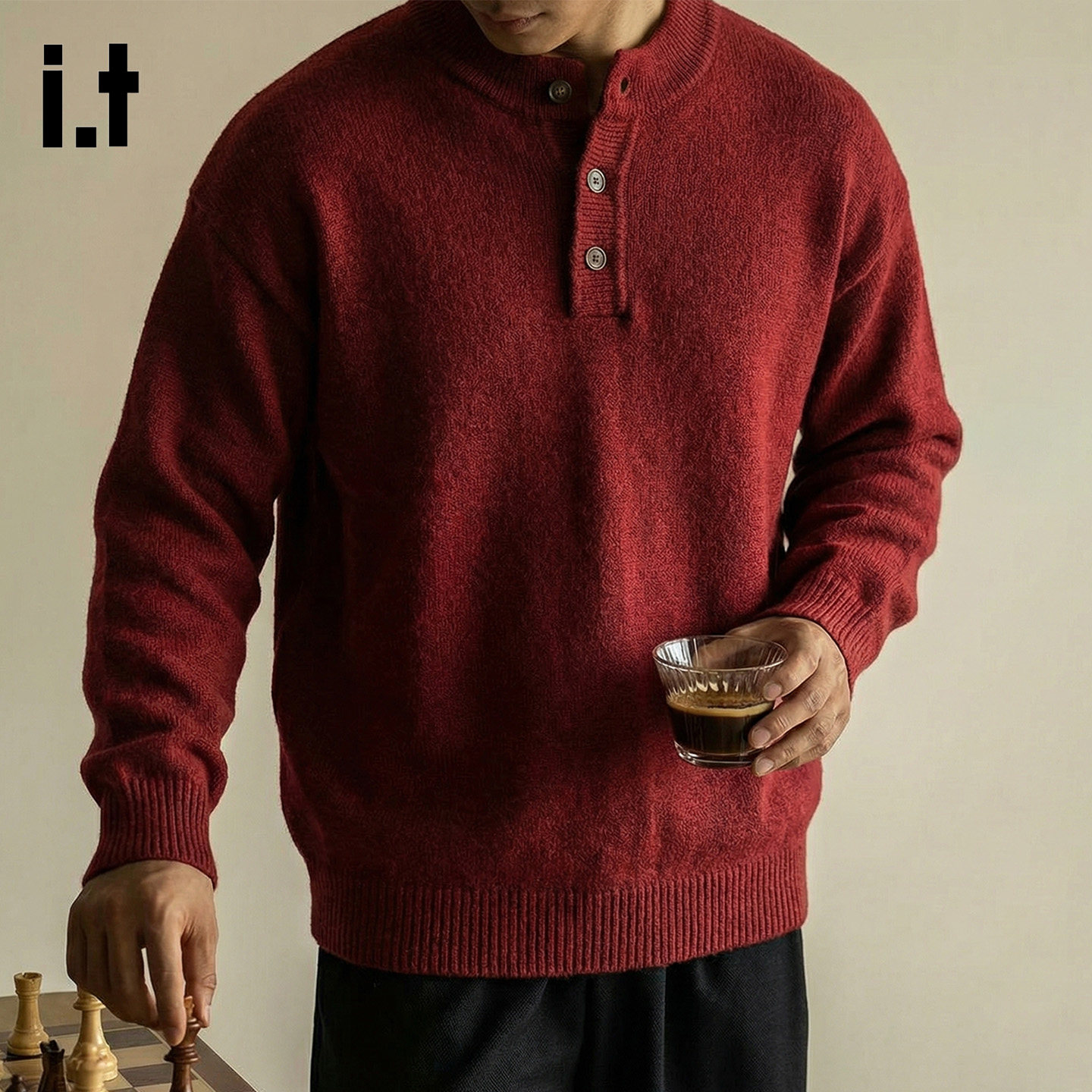 it :5cm/FIVECM亨利领红色毛衣男痞帅风针织衫高级感慵懒美式外套