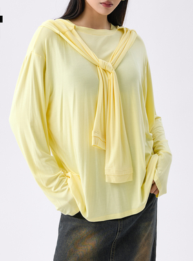 it :5cm/FIVECM黄色连帽拼接飘带长袖t恤女2025新款秋季宽松上衣