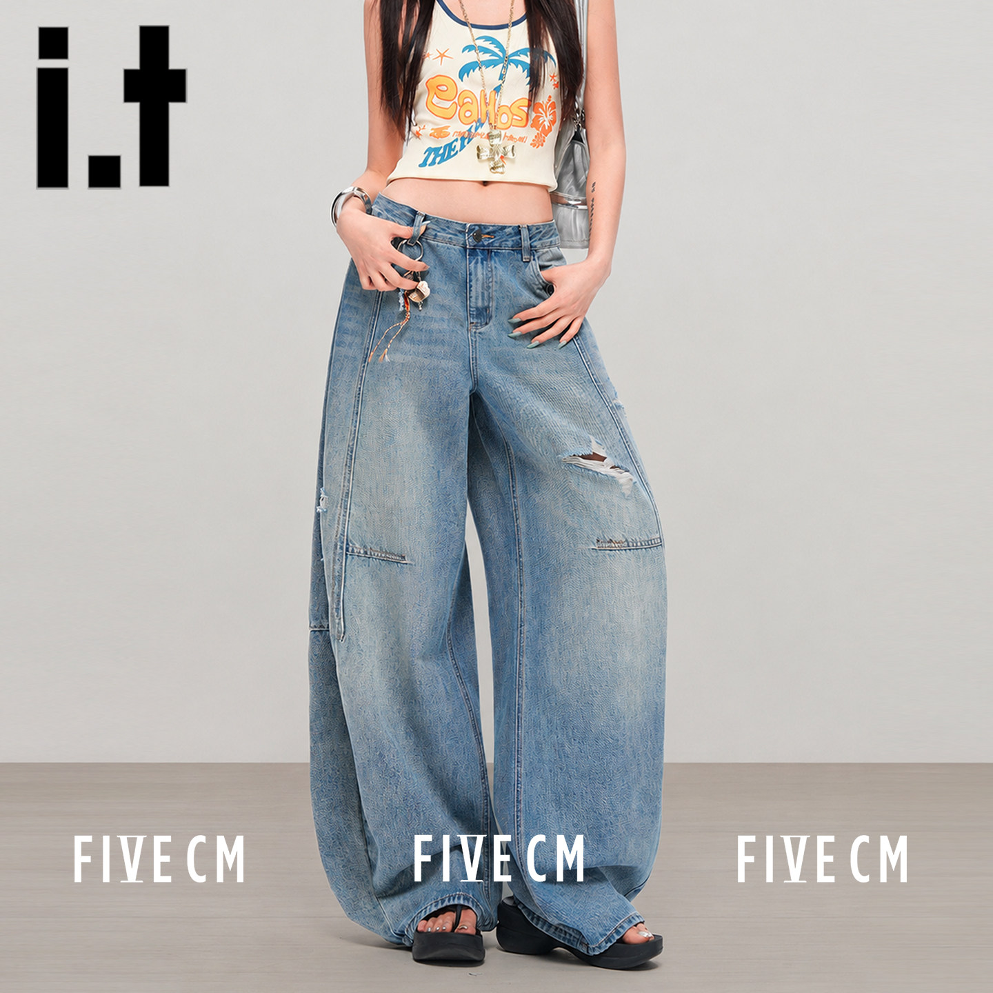 itFIVECM夏季水洗阔腿牛仔裤