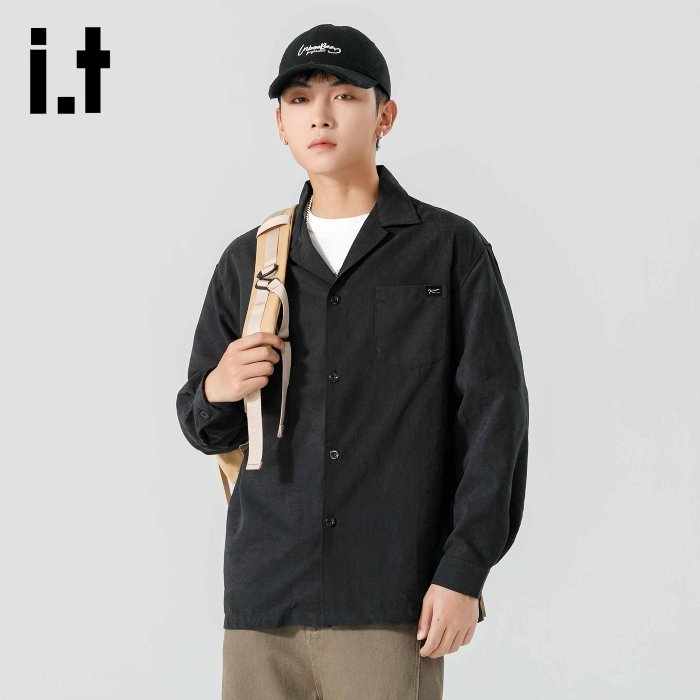 it :5cm/FIVECM黑色单排扣翻领男士长袖衬衫2026春夏男款薄款衬衣