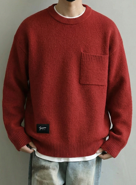it :5cm/FIVECM马年红色毛衣春季2026新款口袋男圆领纯色长袖毛衣