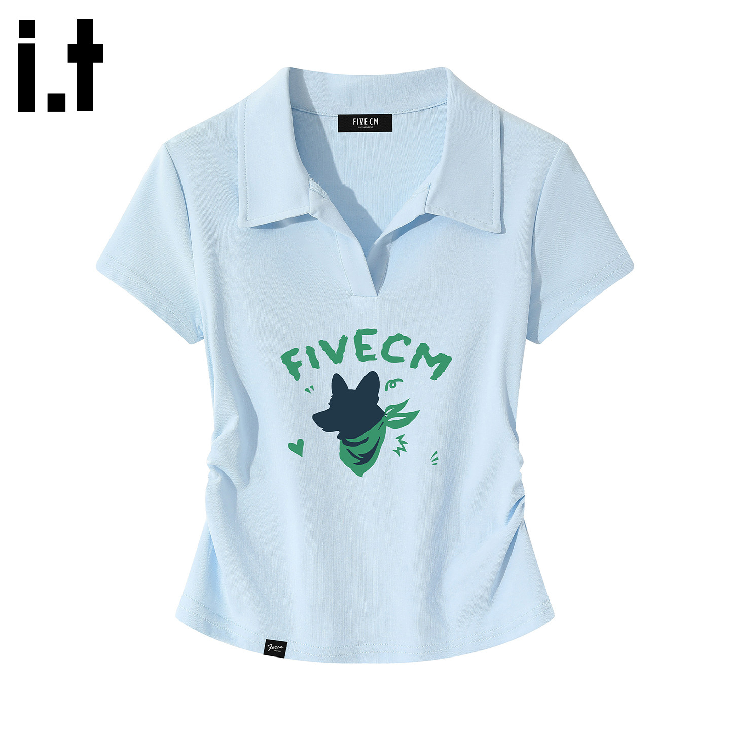 it:5cm/FIVECM正肩翻领polo衫短袖t恤女士夏季褶皱收腰修身上衣Y