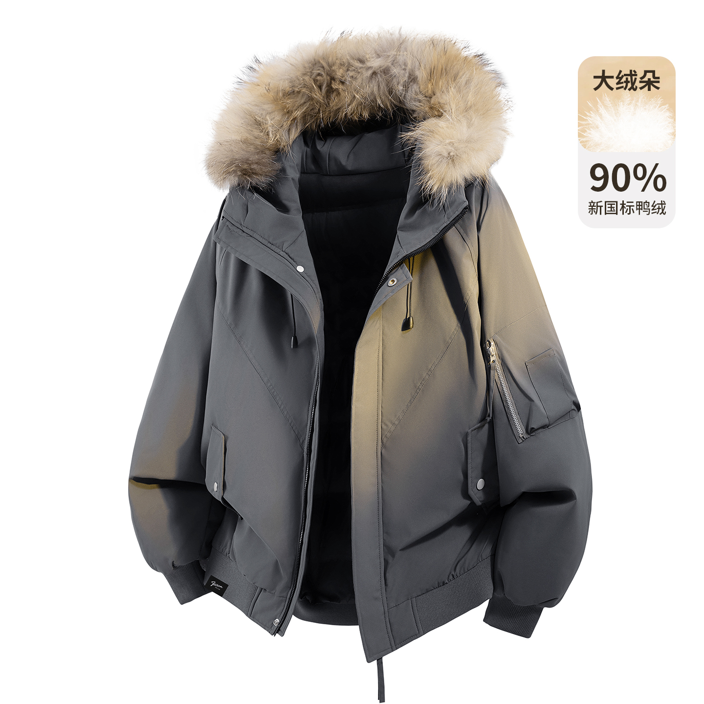 时尚大毛领连帽羽绒服男女