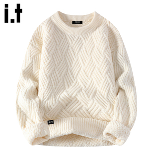 it :5cm/FIVECM青年休闲宽松针织外套男士秋冬季麻花圆领套头毛衣