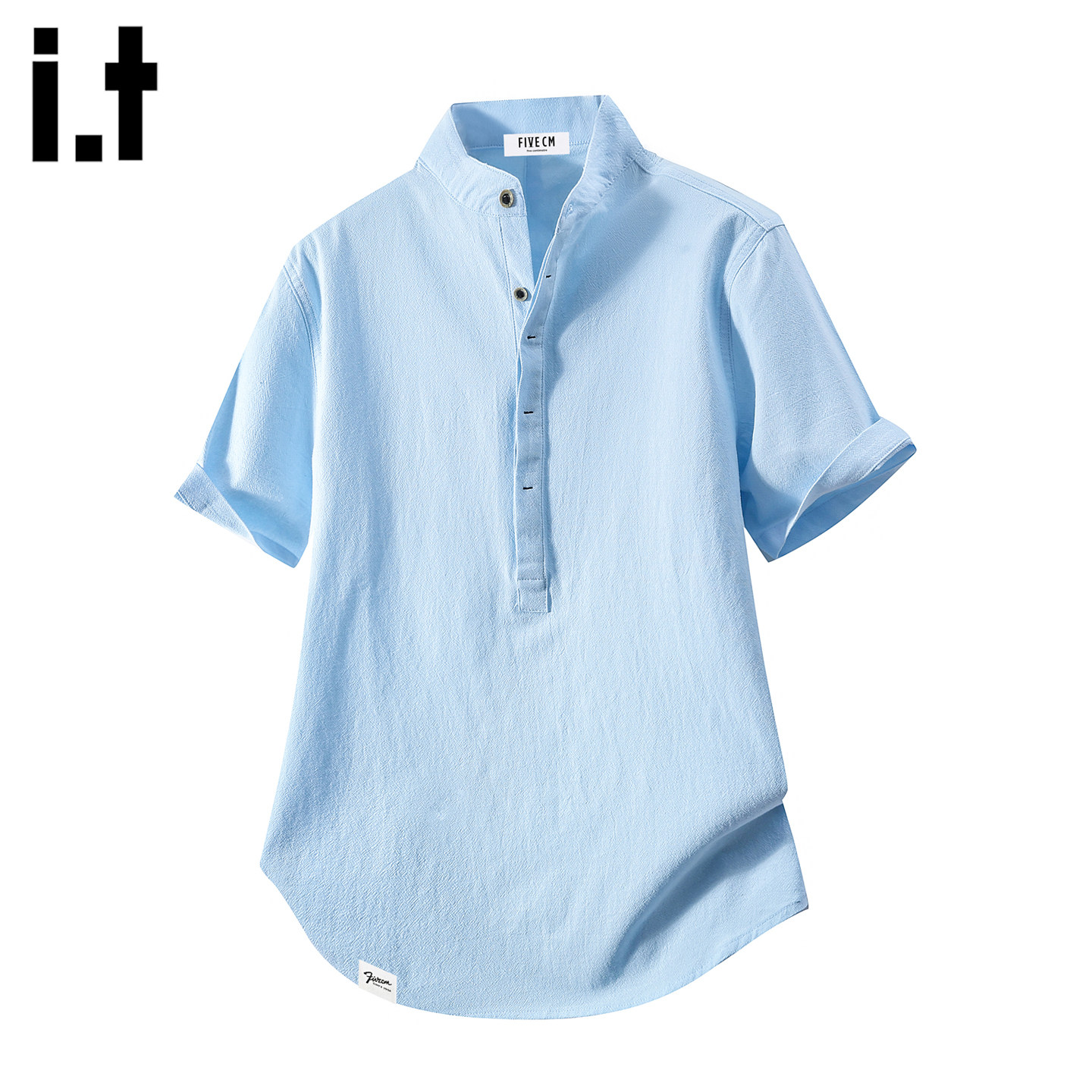 it FIVECM休闲风立领短袖T恤男士夏季纯棉半开襟衬衫蓝色百搭上衣