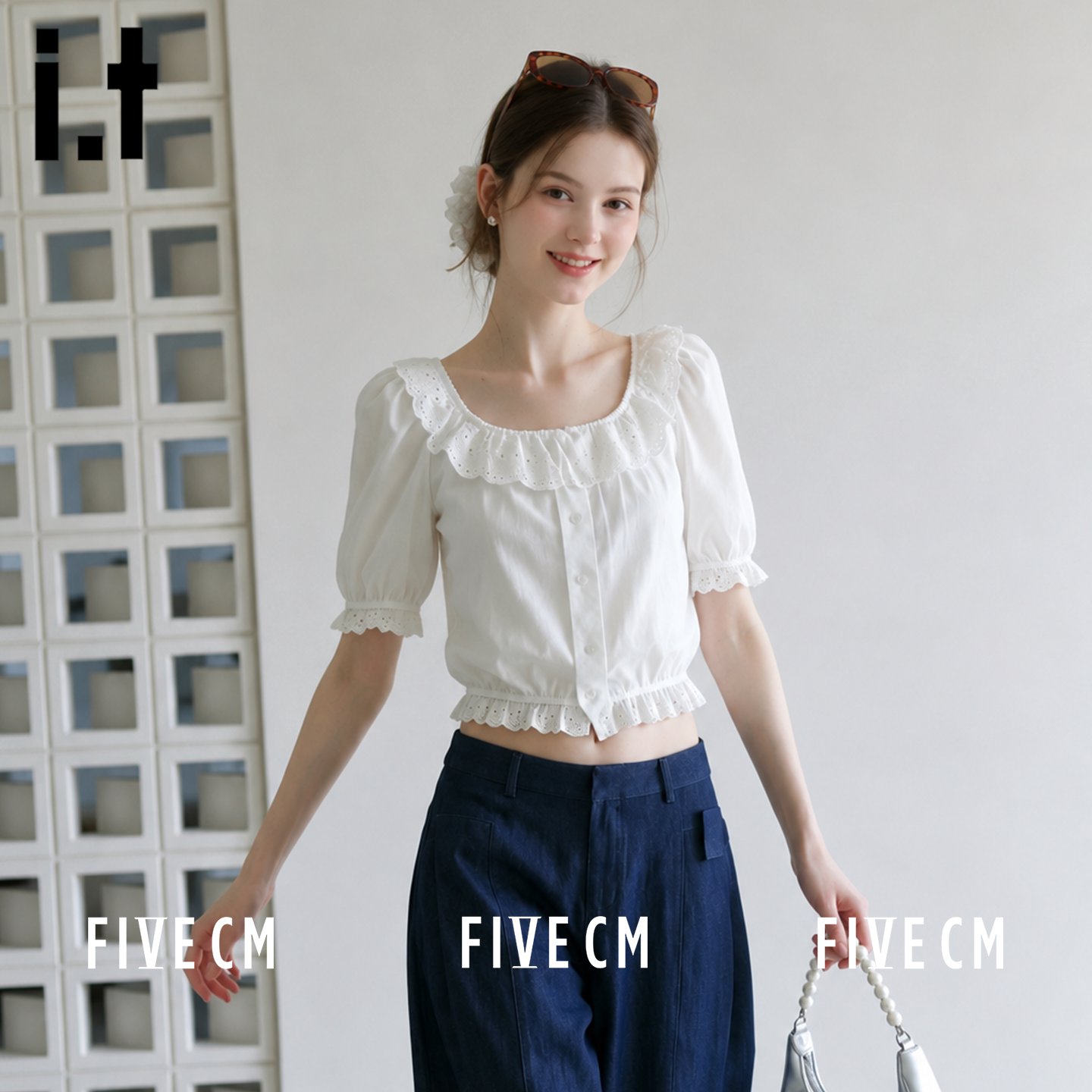 itFIVECM蕾丝荷叶边短袖女
