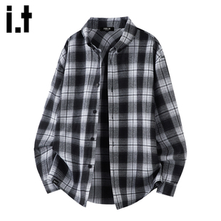 it :5cm/FIVECM复古格子长袖衬衫男款春季高级感潮流宽松百搭上衣