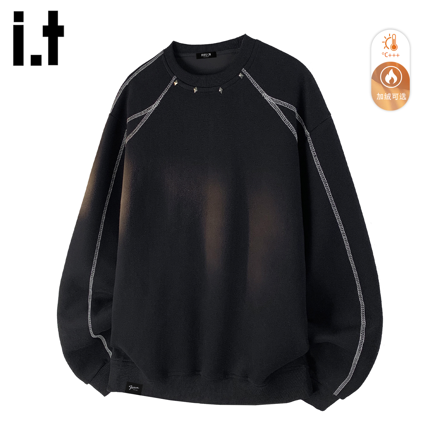 黑色圆领缉明线解构加绒卫衣