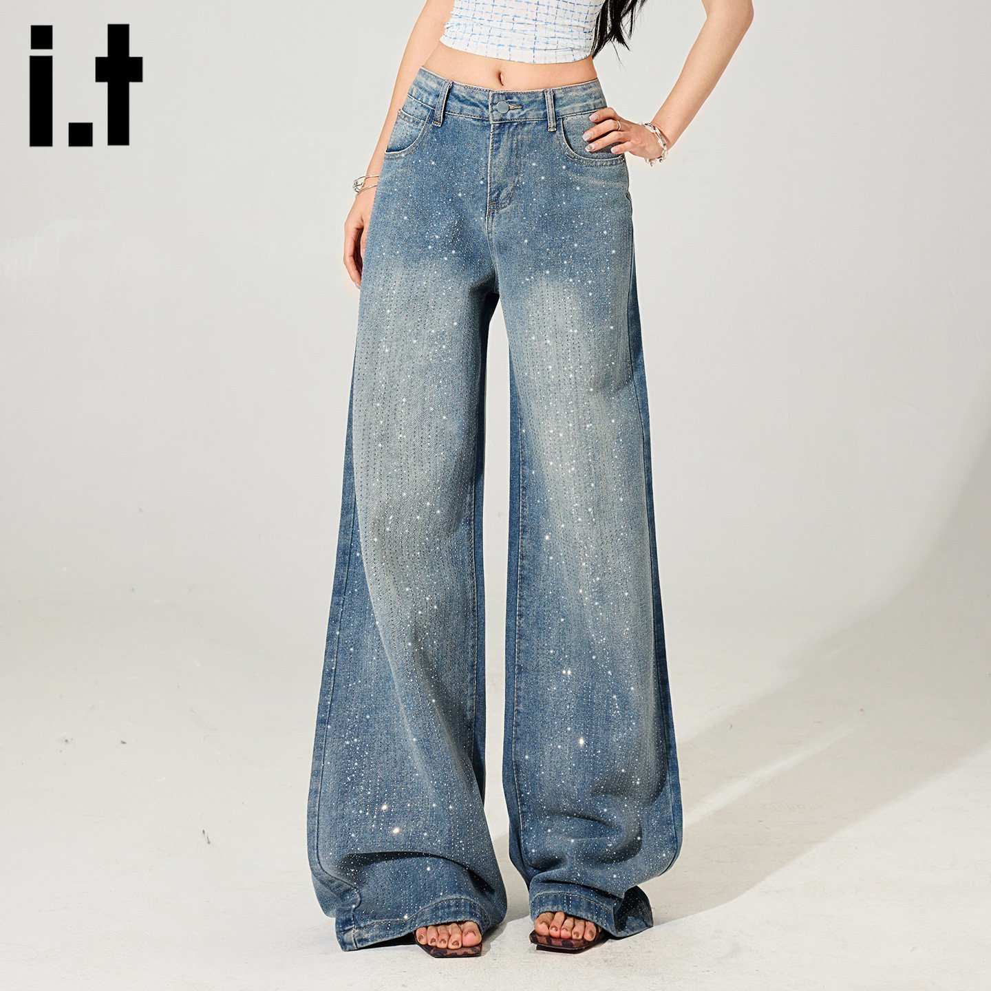 it :5cm/FIVECM爆闪满天星烫钻阔腿牛仔裤女2026新款带钻直筒裤子