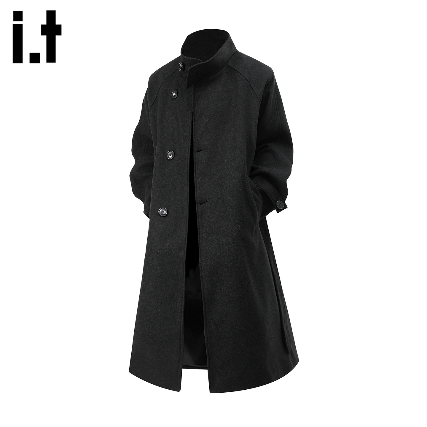it5cm黑色立领长款毛呢大衣