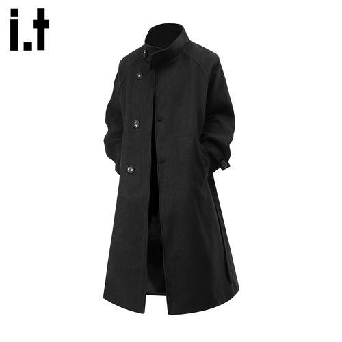 it5cm黑色立领长款毛呢大衣