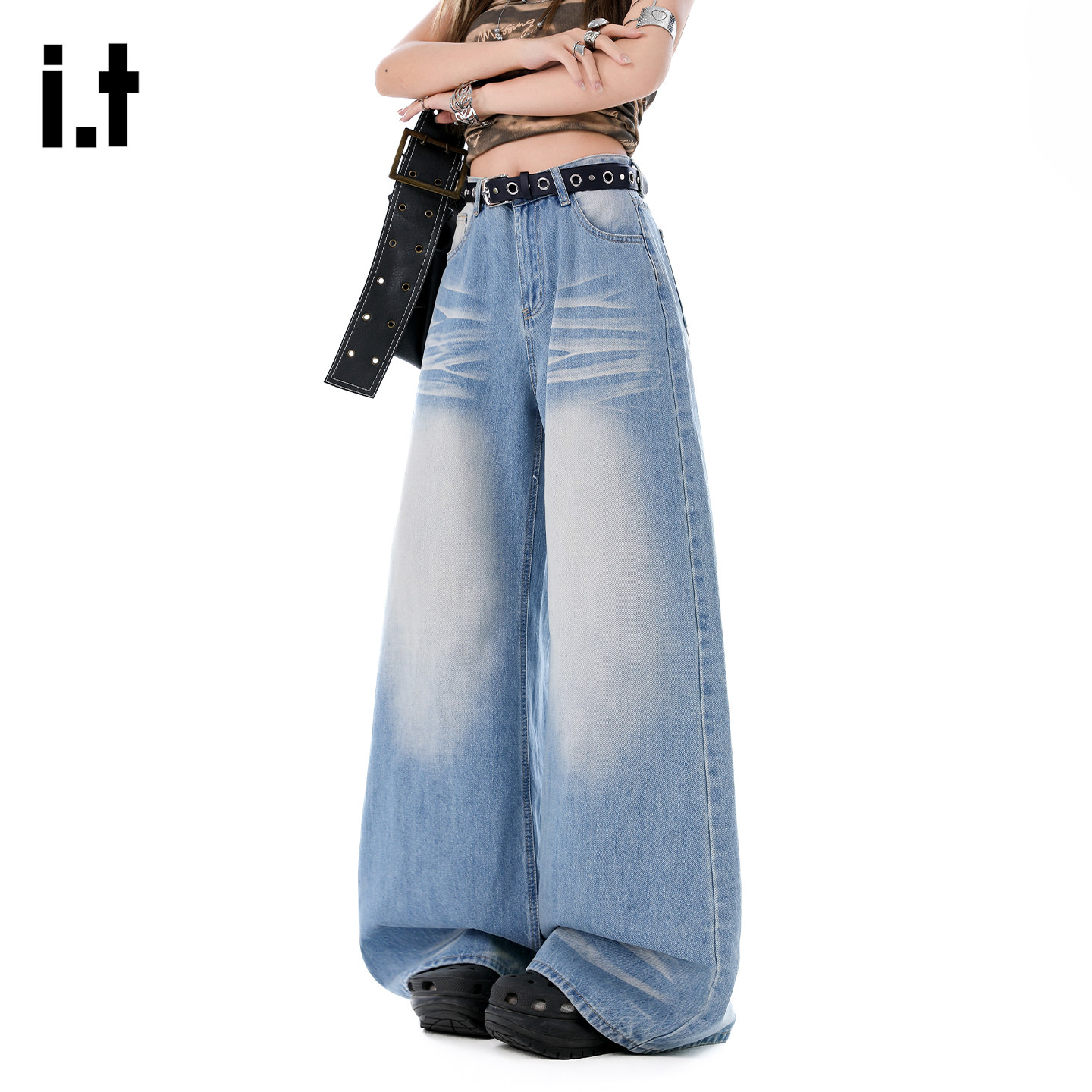 it :5cm/FIVECM美式复古折痕阔腿牛仔裤女春季2026新款宽松垂感裤