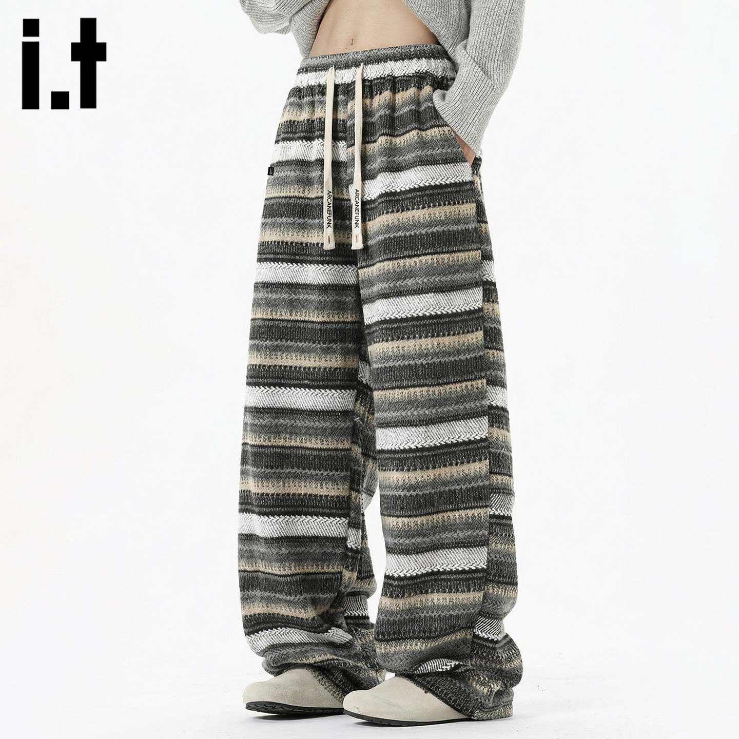 it :5cm/FIVECM慵懒风条纹毛呢休闲裤春季新款宽松保暖阔腿卫裤男
