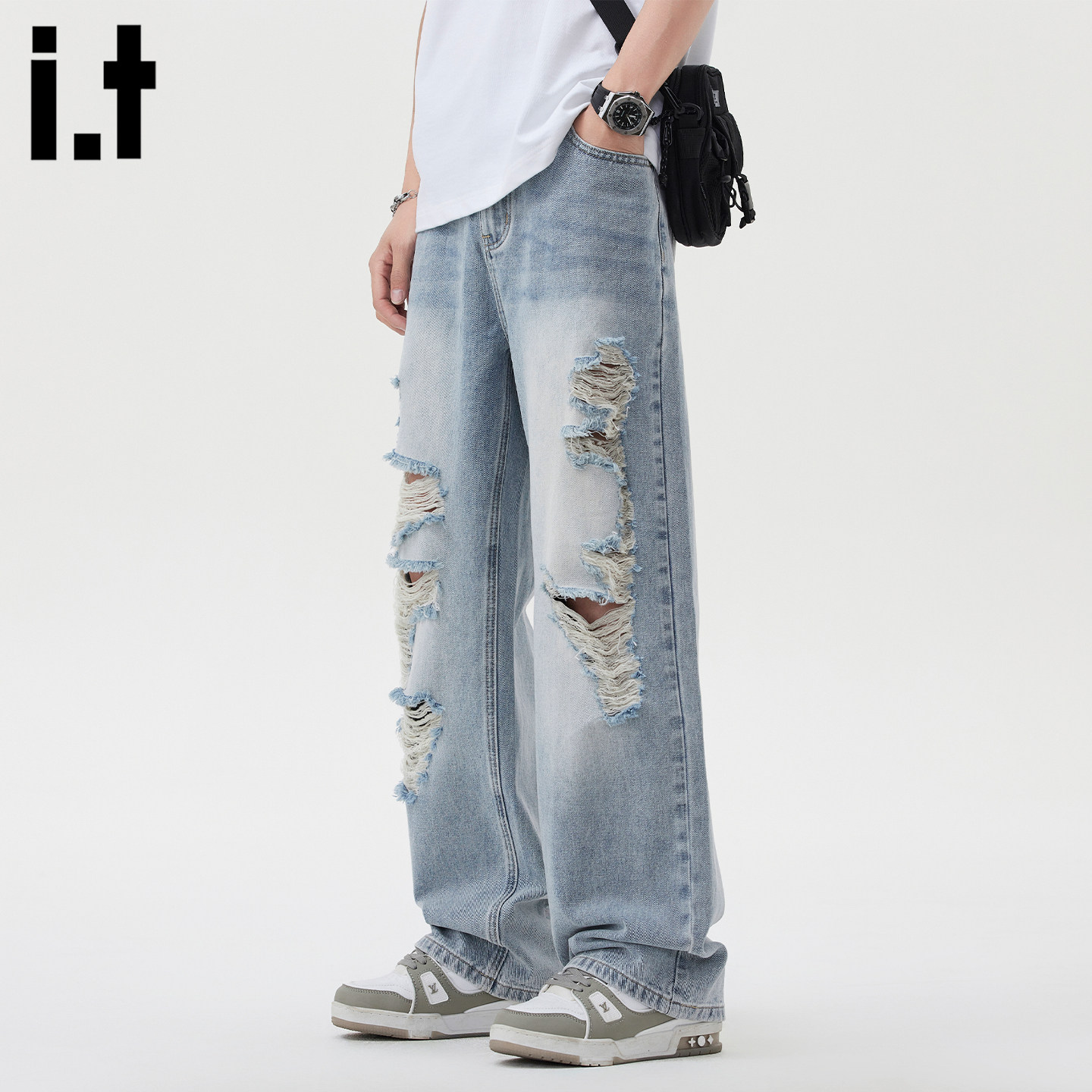it :5cm/FIVECM美式高街破洞蓝色微喇牛仔裤男女潮牌百搭阔腿裤子