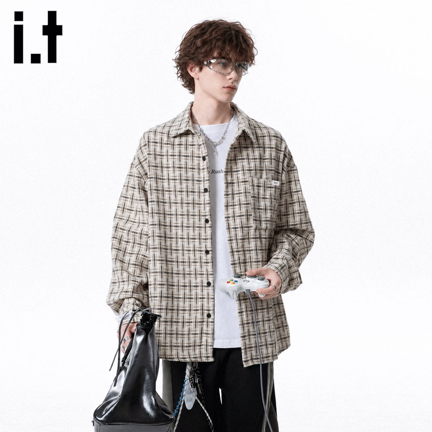it男款复古格纹长袖衬衫