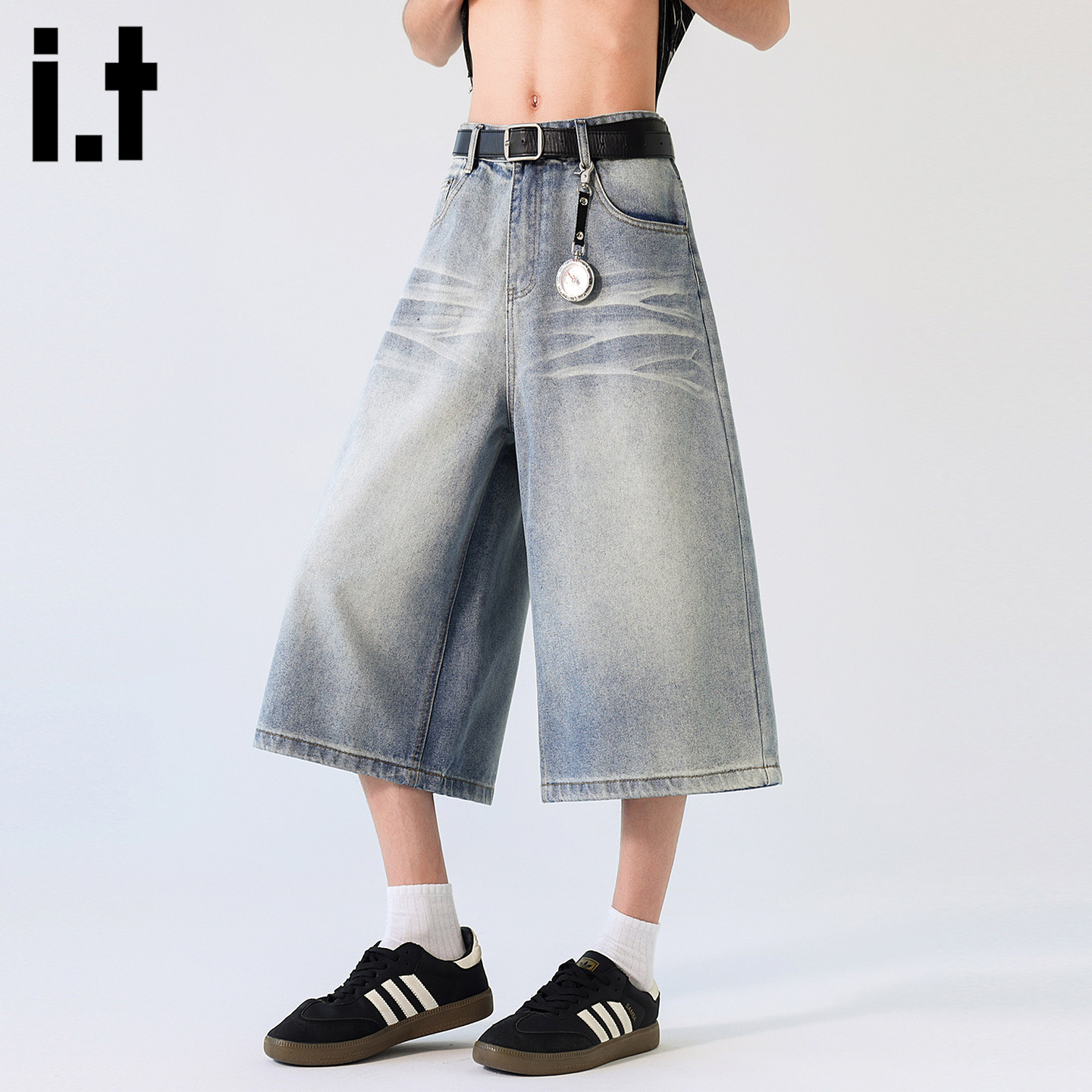 it :5cm/FIVECM水洗浅蓝宽松阔腿七分牛仔短裤男女夏季薄款直筒