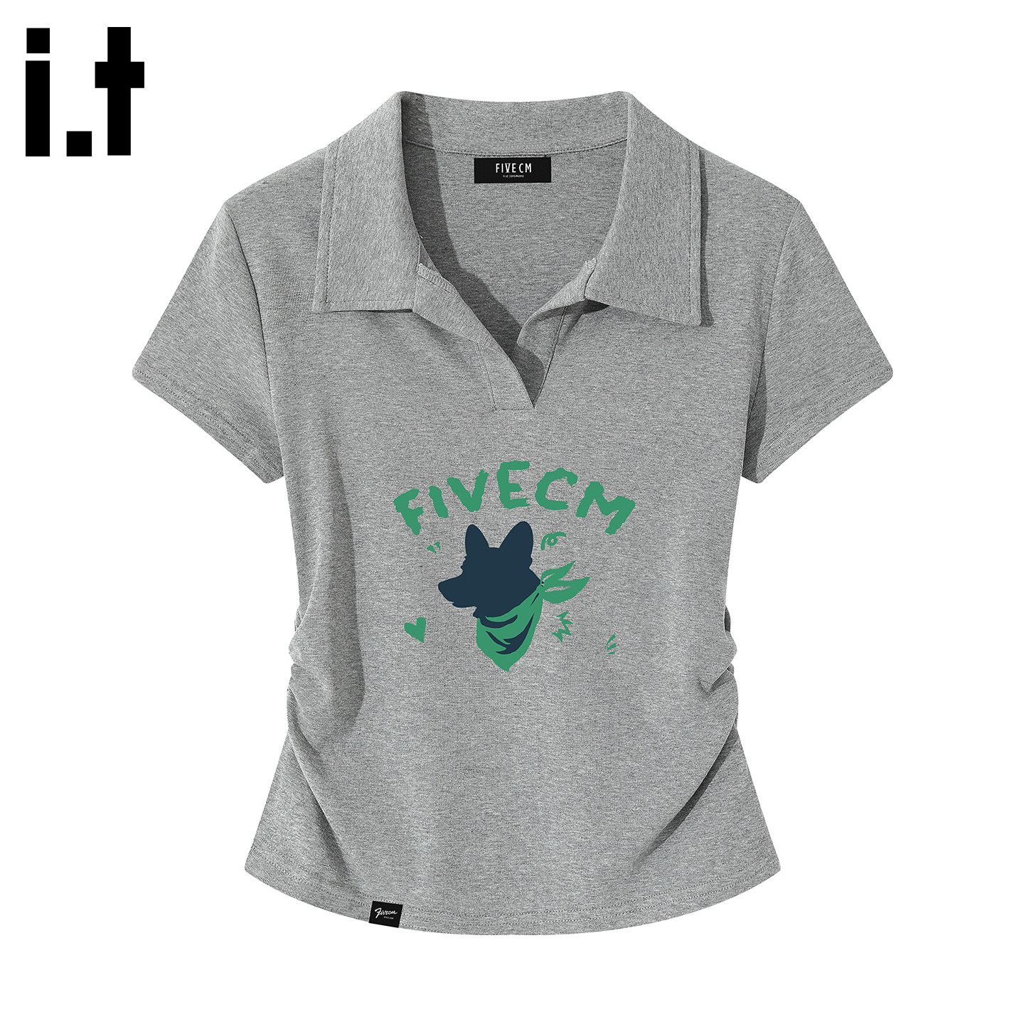 it:5cm/FIVECM正肩翻领polo衫短袖t恤女士夏季褶皱收腰修身上衣Y