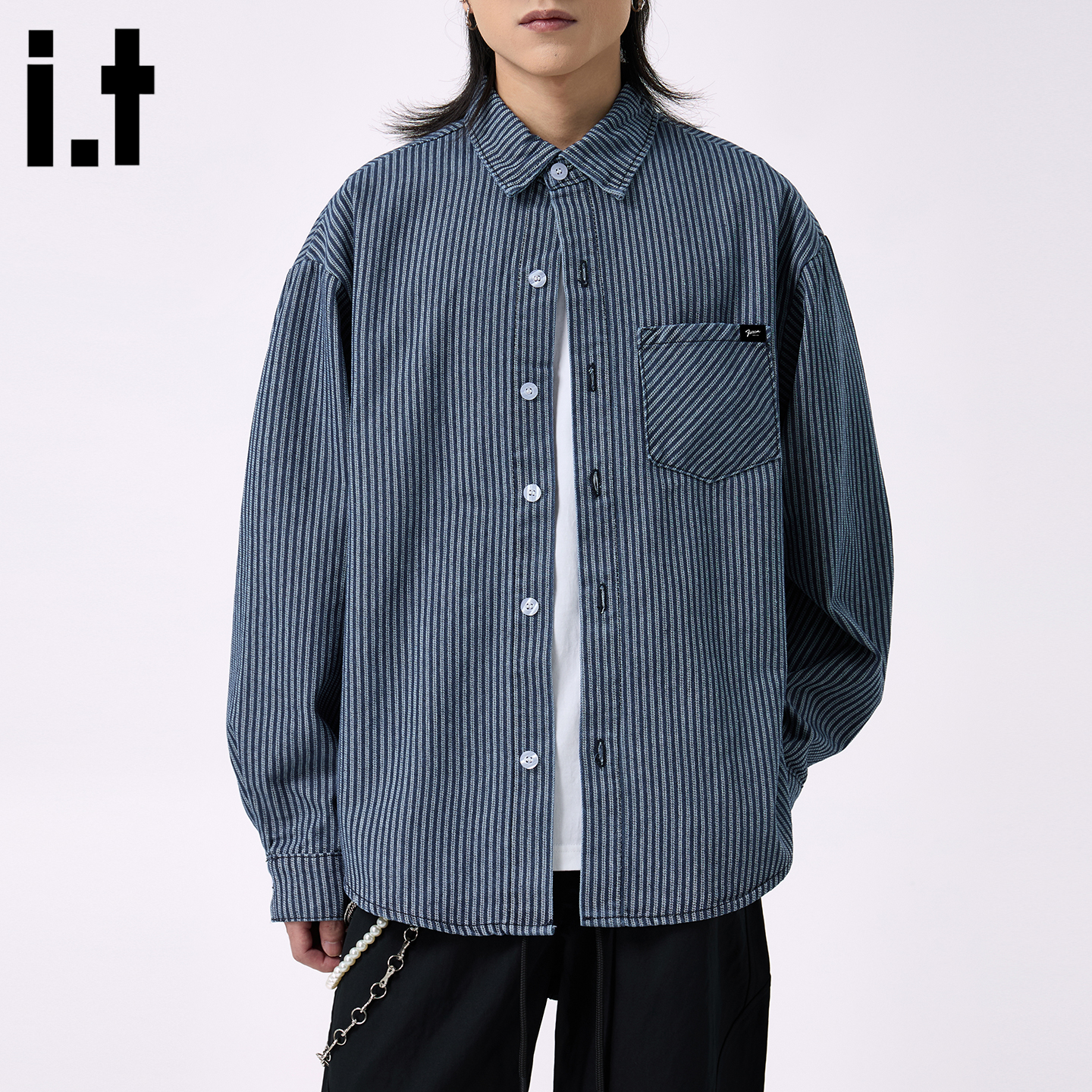 IT'S5cm蓝色条纹翻领长袖衬衫