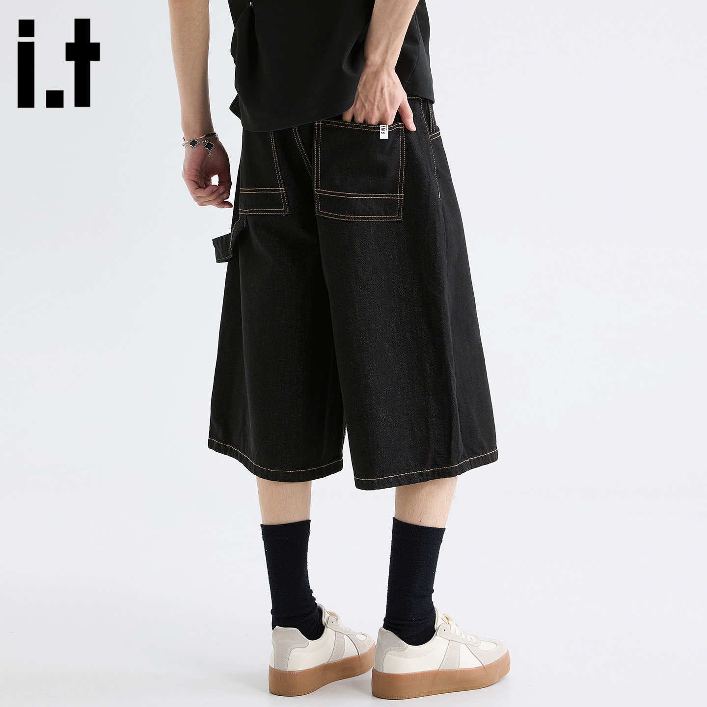 it FIVECM美式高街七分牛仔裤男女2026夏季宽松阔腿黑色短裤