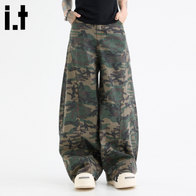 IT5cm军绿弯刀阔腿迷彩牛仔裤