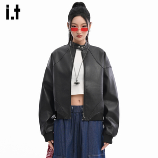 it :5cm/FIVECM短款pu皮皮衣外套男女秋冬设计感宽松机车夹克外衣