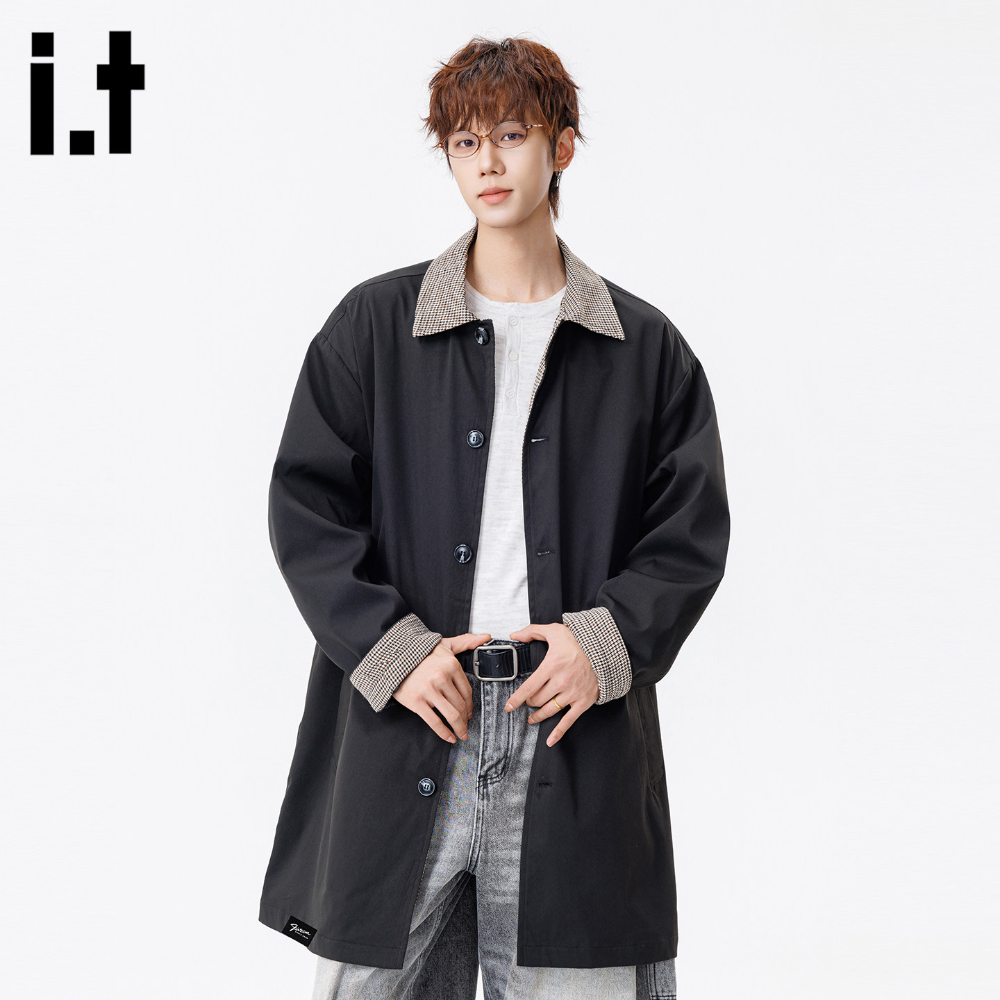 it :5cm/FIVECM春季设计感撞色长袖风衣外套男潮牌痞帅中长款大衣