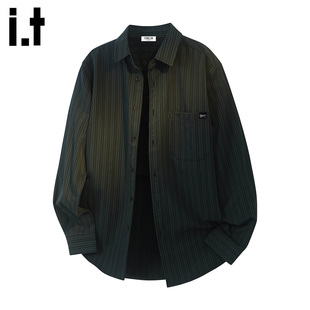 it :5cm/FIVECM百搭黑色翻领长袖条纹衬衫男士2025春秋款宽松上衣