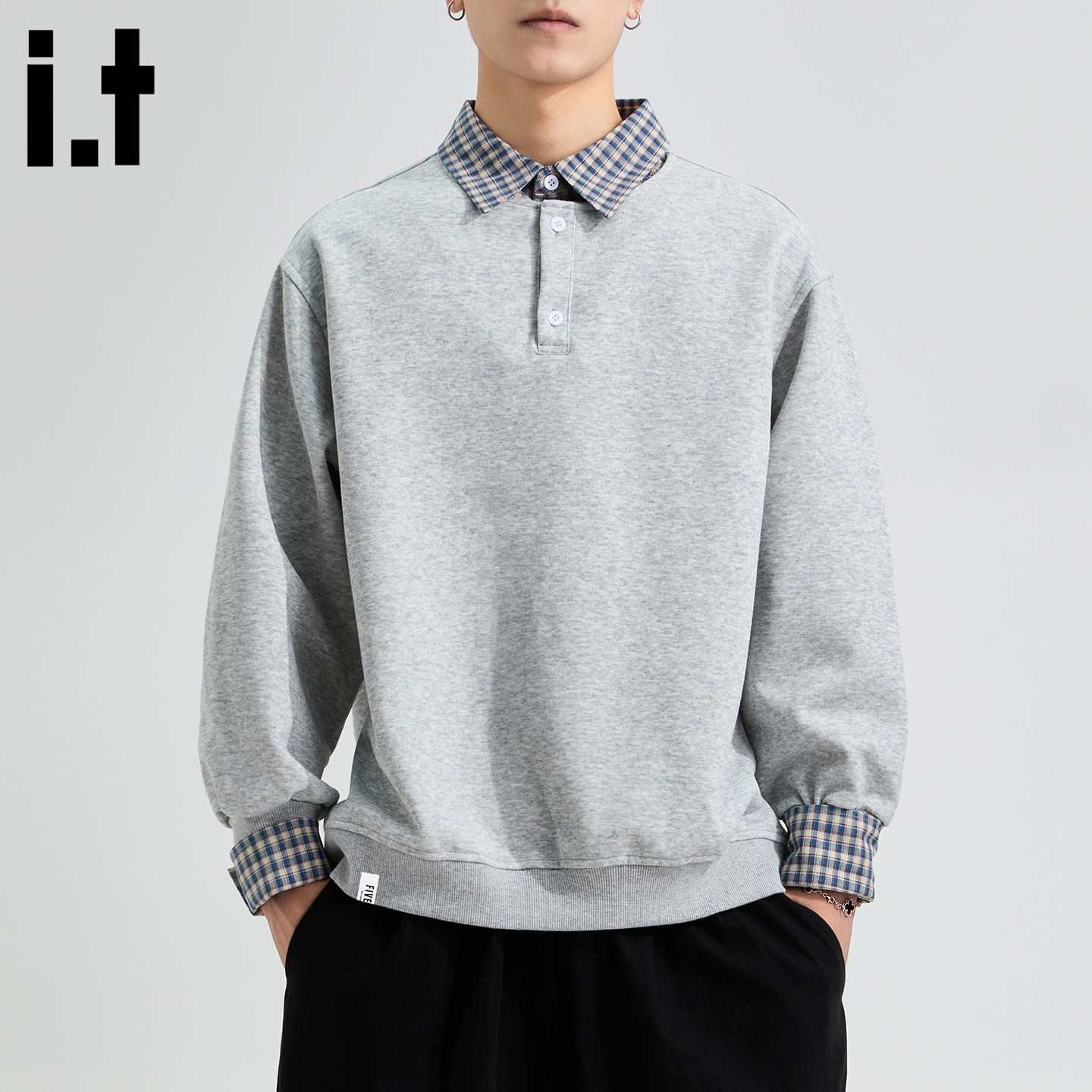 it：5cm/FIVECM拼接衬衫领灰色长袖t恤男款2025秋宽松高级感上衣