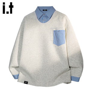 it :5cm/FIVECM潮牌衬衫领假两件卫衣男士2025秋冬季内搭套头上衣