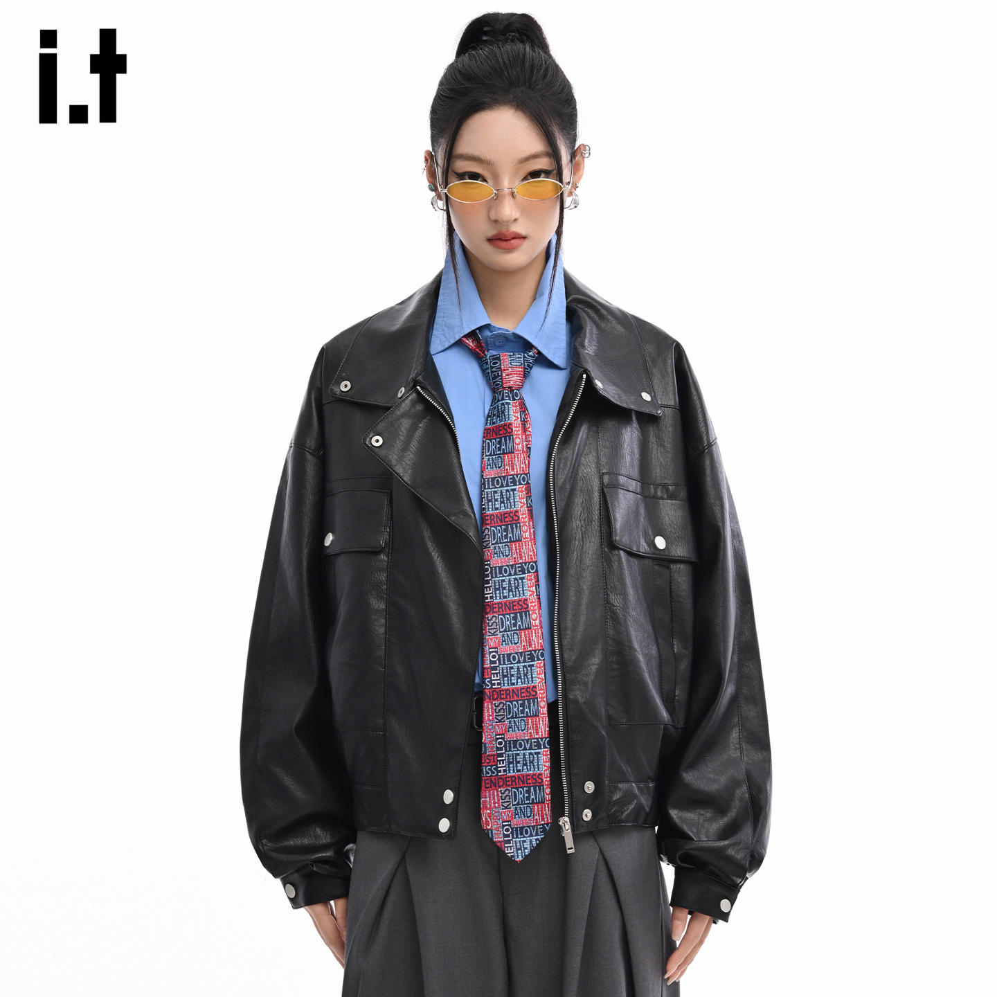 it翻领pu皮衣外套男春秋