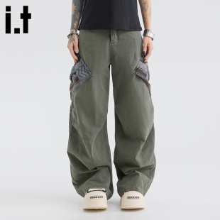 it :5cm/FIVECM军绿色贴布工装裤男女款2025秋酷飒风阔腿宽松长裤