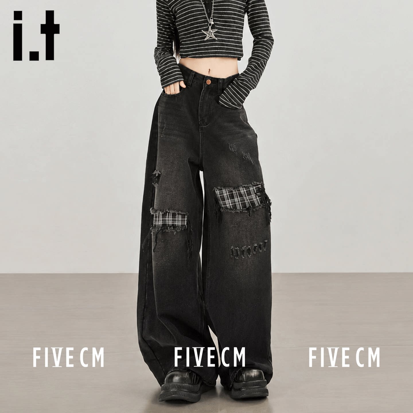 itFIVECM格纹拼接阔腿牛仔裤