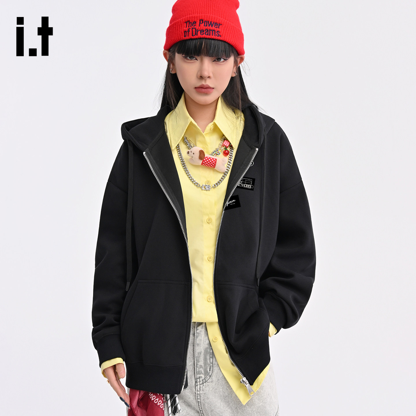 it :5cm/FIVECM黑色连帽拉链开衫卫衣外套男女2025新款秋冬季上衣