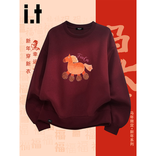 it :5cm/FIVECM肥马新年红色卫衣男女2026新款圆领宽松慵懒卫衣