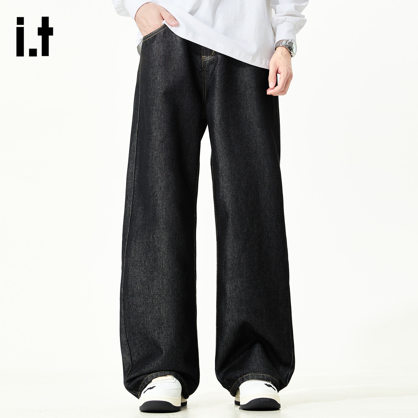 it :5cm/FIVECM黑色丹宁垂感阔腿牛仔裤男士2025秋冬宽松直筒长裤
