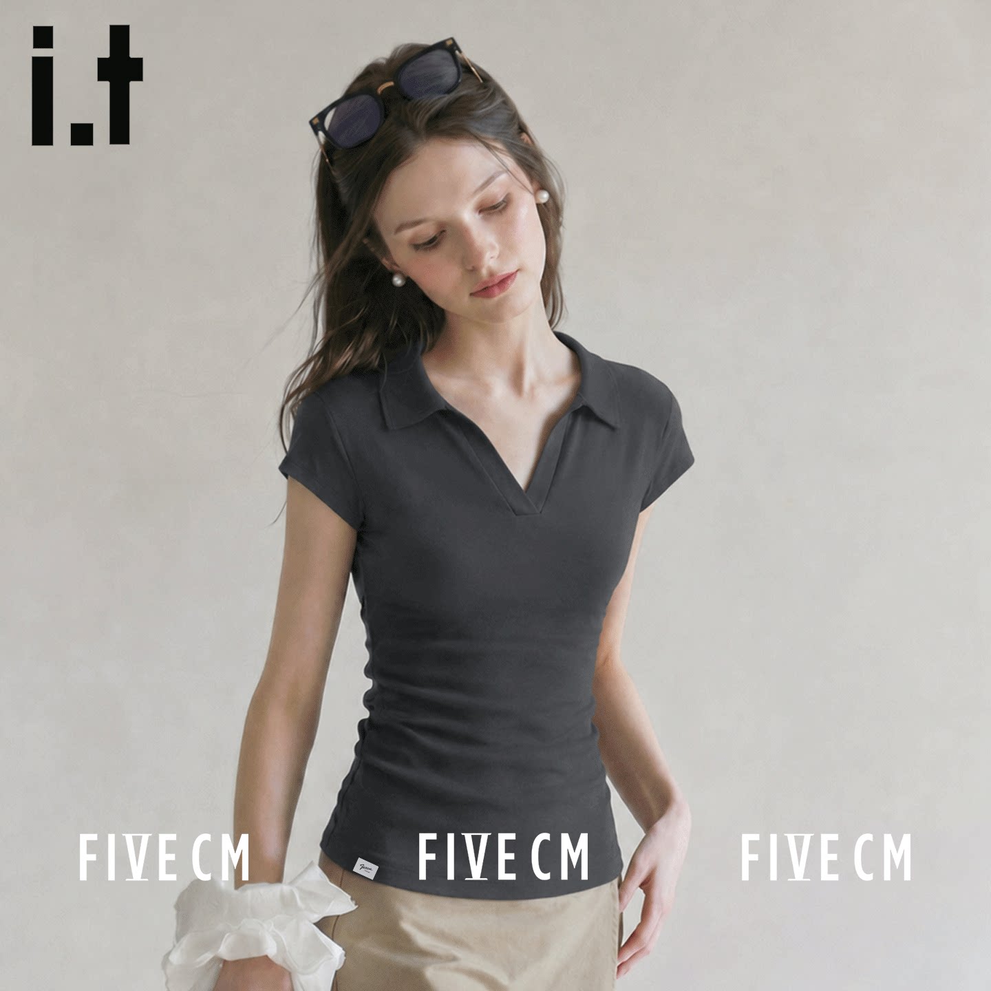 itFIVECM纯色polo领小飞袖T恤女