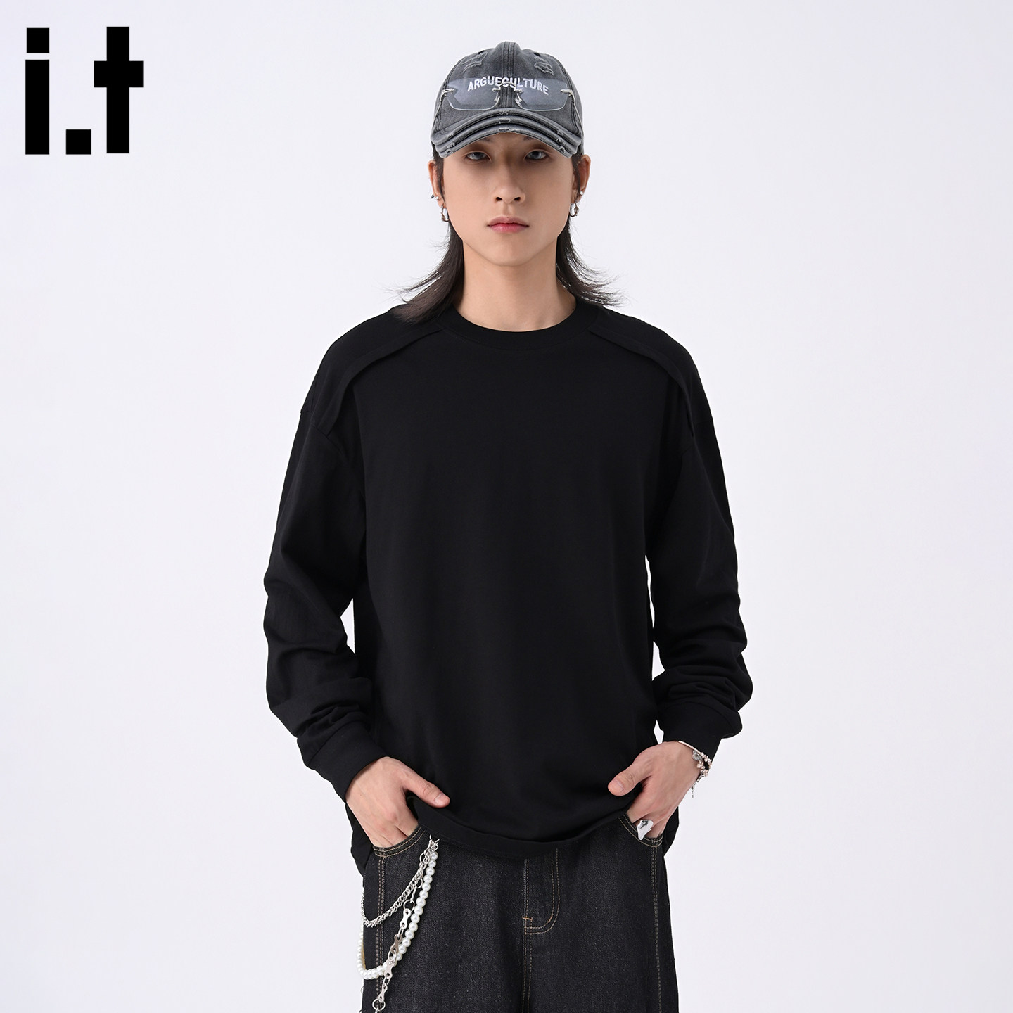 it :5cm/FIVECM黑色简约褶皱设计长袖圆领t恤男士2025秋薄款上衣