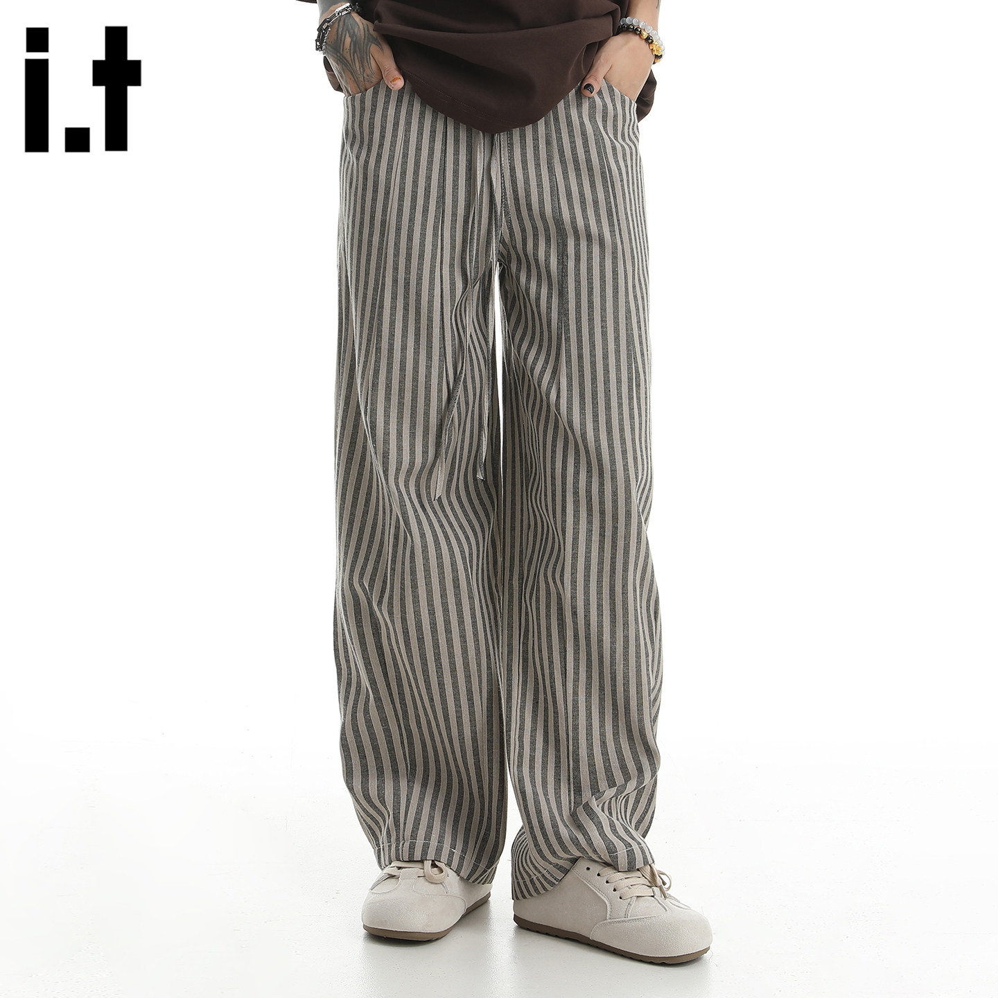 it :5cm/FIVECM美式松紧腰条纹阔腿裤男女款2025夏季休闲直筒长裤