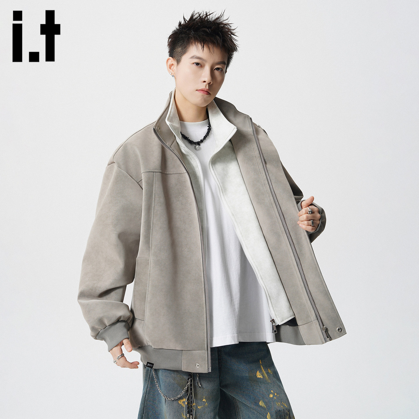 it :5cm/FIVECM美式风立领皮夹克男2026春季新款宽松痞帅上衣外套