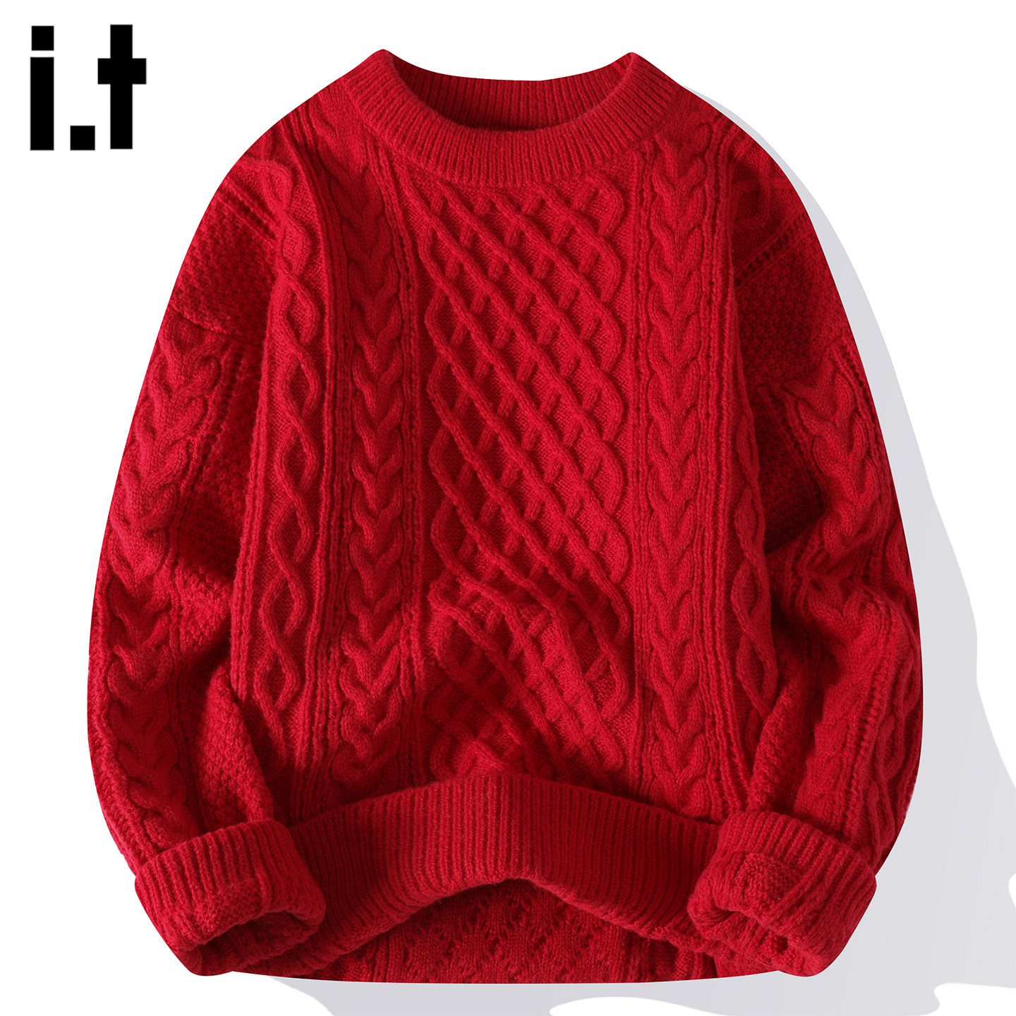 it :5cm/FIVECM红色麻花加绒毛衣男士2025秋冬季套头加厚保暖上衣